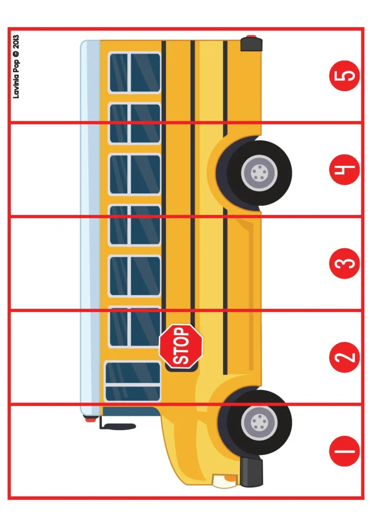 Back to School Math Centers for Kindergarten school bus number puzzle for practicing number order and sequencing numbers 1 to 5.