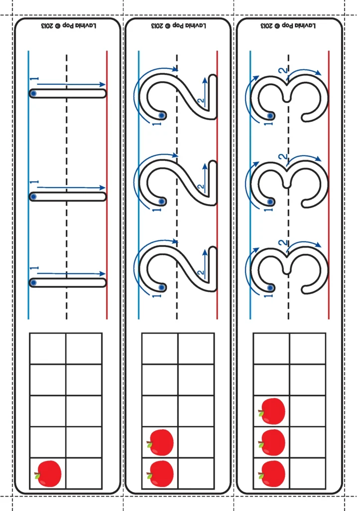 Tracing Cards Back to School Math Centers for Kindergarten apple ten frame number tracing cards for numbers 1 to 3 with handwriting lines and counting practice.
