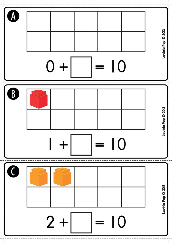 Back to School Math Centers for Kindergarten making 10 ten frame addition cards with cubes and missing addends.