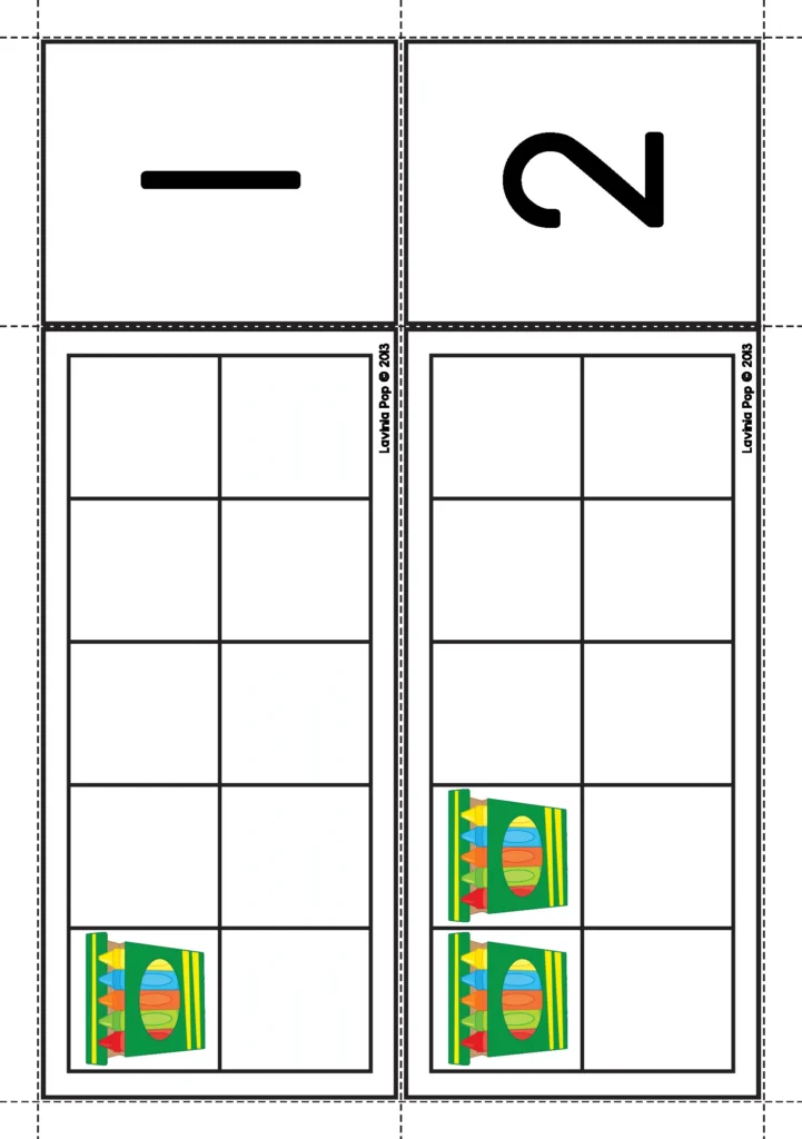 Back to School Math Centers for Kindergarten ten frame number match activity with crayon boxes for numbers 1 and 2.