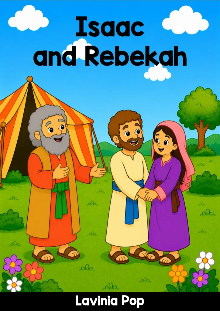 Colorful Isaac and Rebekah preschool Bible storybook cover showing Abraham, Isaac, and Rebekah standing together beside a striped tent.