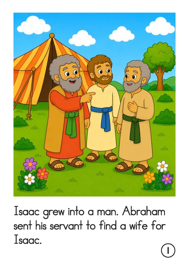 Preschool Bible story page showing Abraham speaking with Isaac and his trusted servant beside a tent before the servant begins his journey.