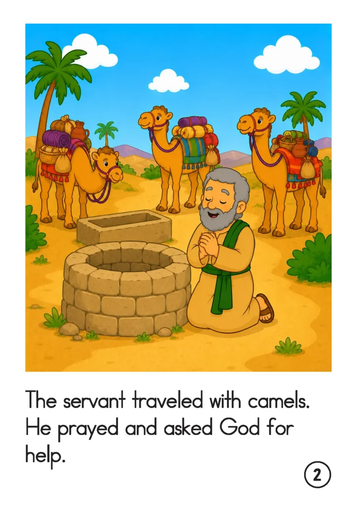 Preschool Bible story page showing Abraham’s servant praying beside a stone well after travelling with four loaded camels.