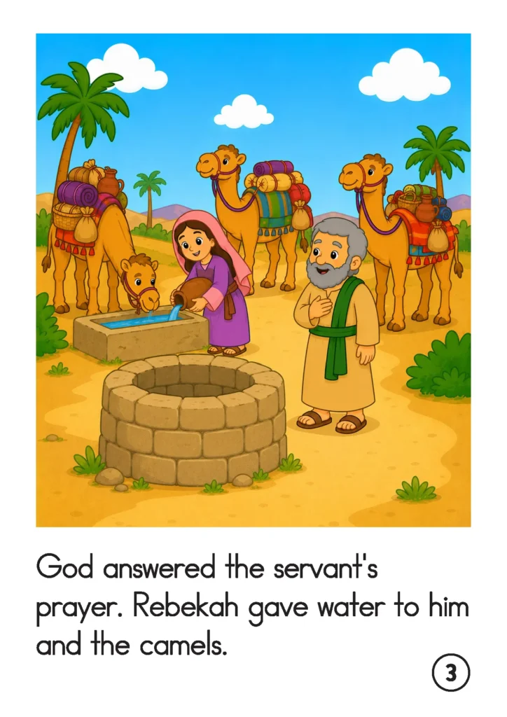 Preschool Bible story page showing Rebekah pouring water into a trough for a camel while Abraham’s servant watches beside the well.
