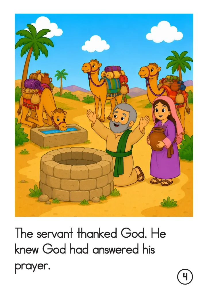 Preschool Bible story page showing Abraham’s servant kneeling with raised hands and thanking God after Rebekah gives water to the camels.