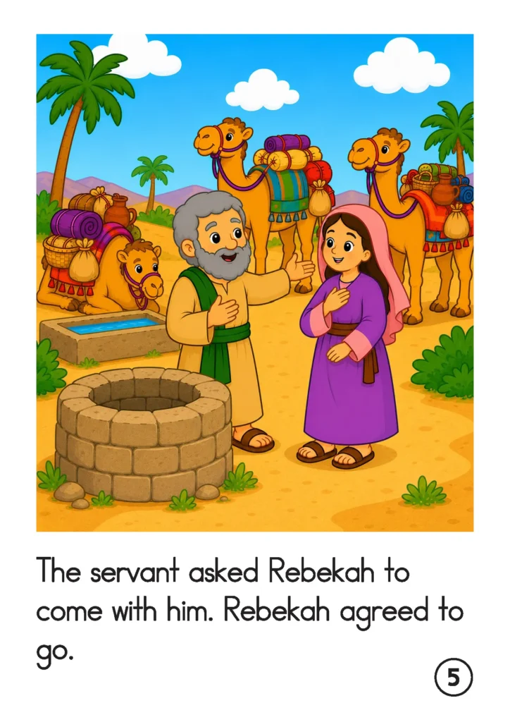Preschool Bible story page showing Abraham’s servant speaking with Rebekah beside the well after God answered his prayer.