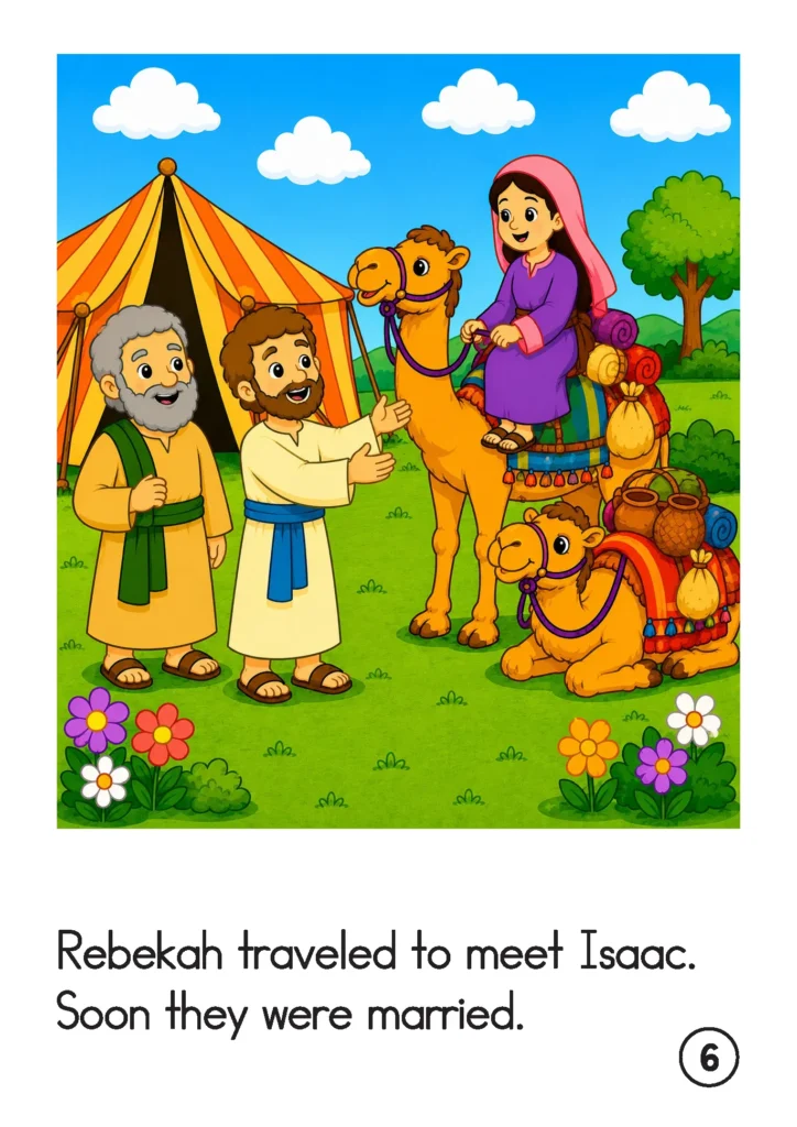 Preschool Bible story page showing Rebekah riding a camel as she arrives to meet Isaac beside Abraham’s tent.