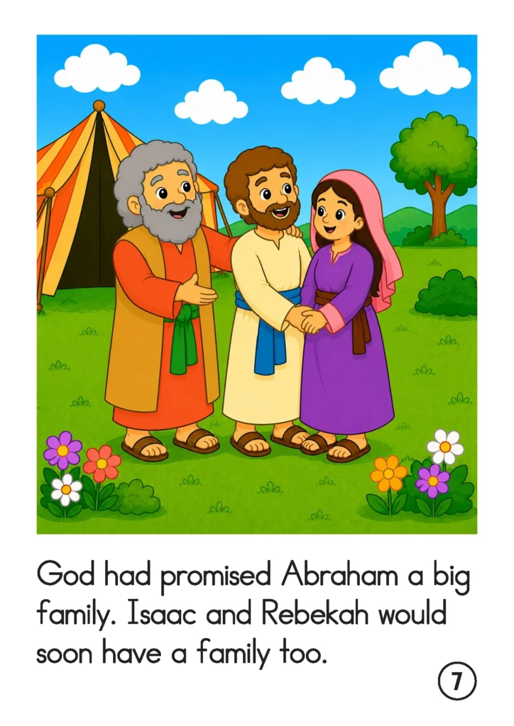 Preschool Bible story page showing Abraham with Isaac and Rebekah beside a tent as God continues His promise to give Abraham a big family.