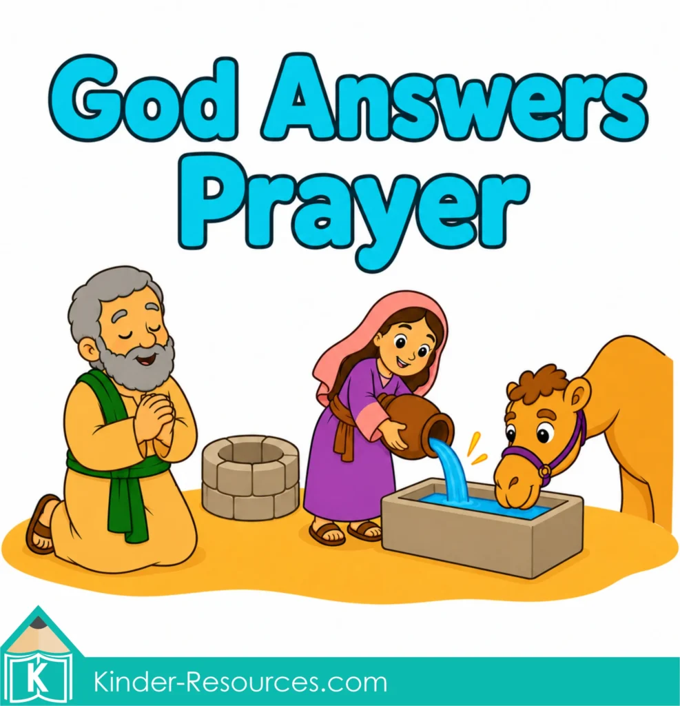 Preschool Bible lesson graphic showing Abraham’s servant praying while Rebekah pours water into a trough for a camel beside the well.