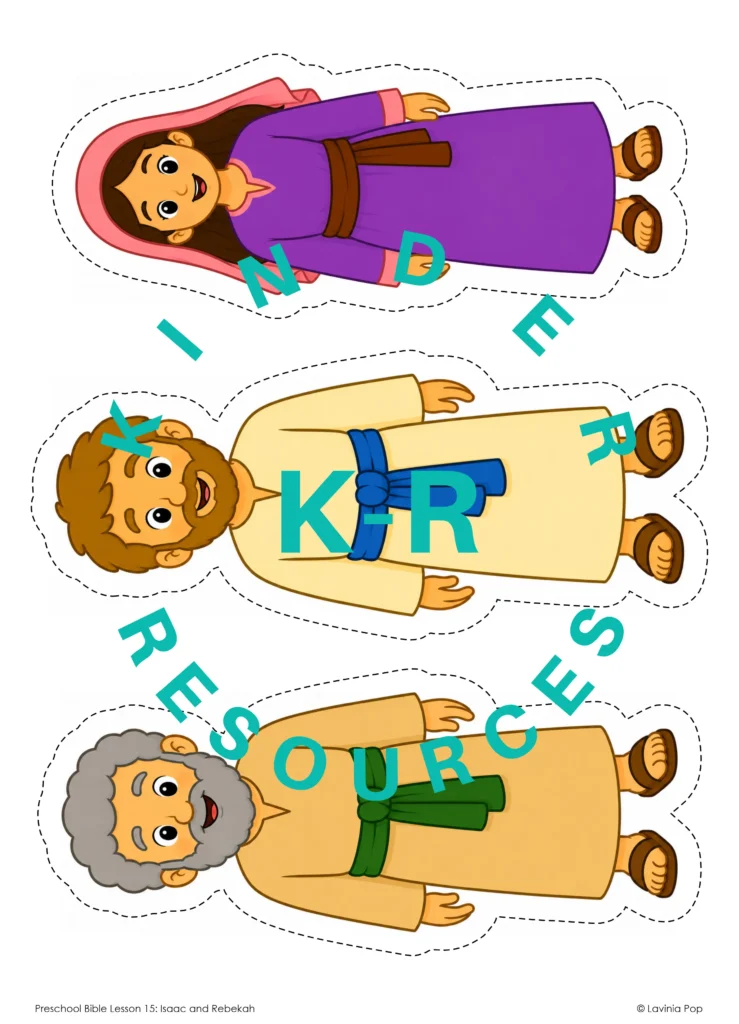 Printable cutout characters of Rebekah, Isaac, and Abraham’s servant for an Isaac and Rebekah preschool Bible retelling activity.