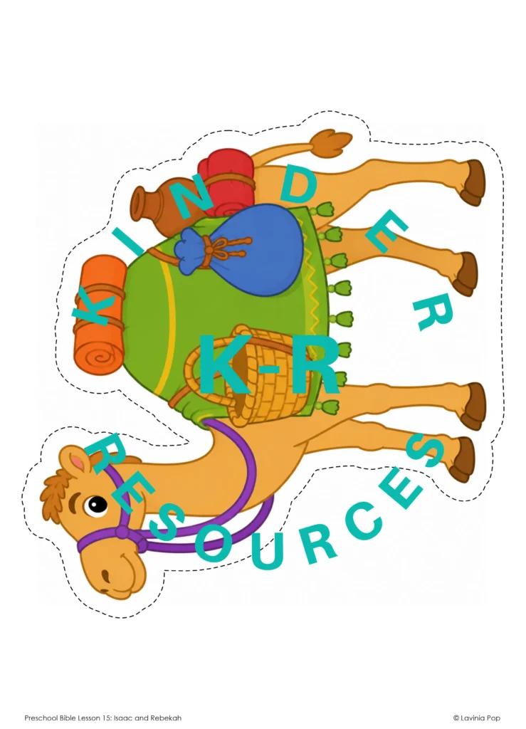 Colorful loaded camel printable with blankets, baskets, water jars, and travel bags for an Isaac and Rebekah Bible story retelling activity.