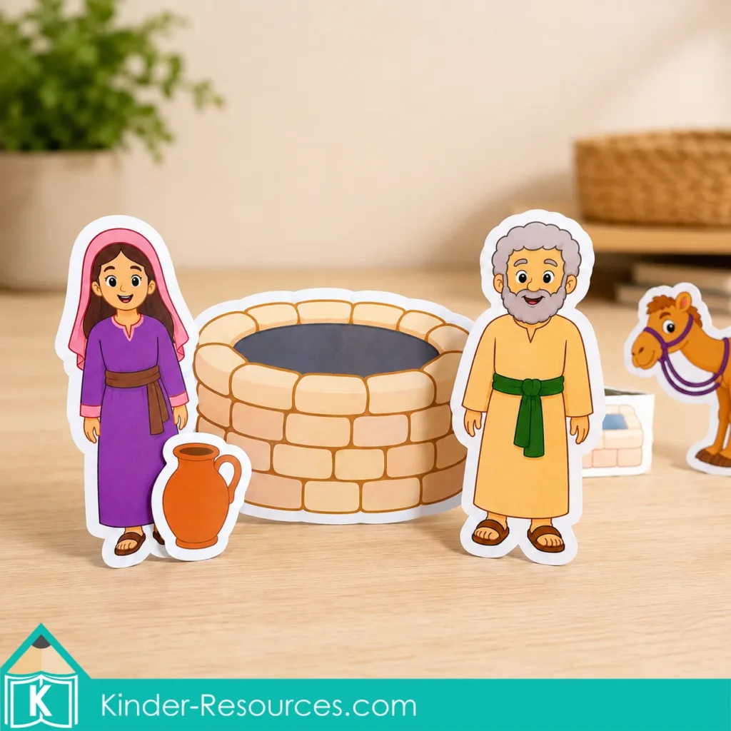 Close-up Isaac and Rebekah retelling scene with Rebekah, a clay water jar, Abraham’s servant, a large stone well, trough, and camel prop.