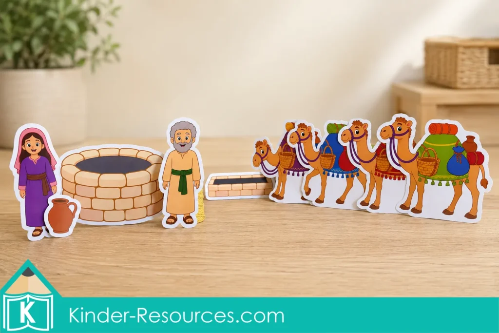 Isaac and Rebekah preschool Bible retelling scene with Rebekah, Abraham’s servant, a stone well, water trough, clay jar, and four loaded camels.