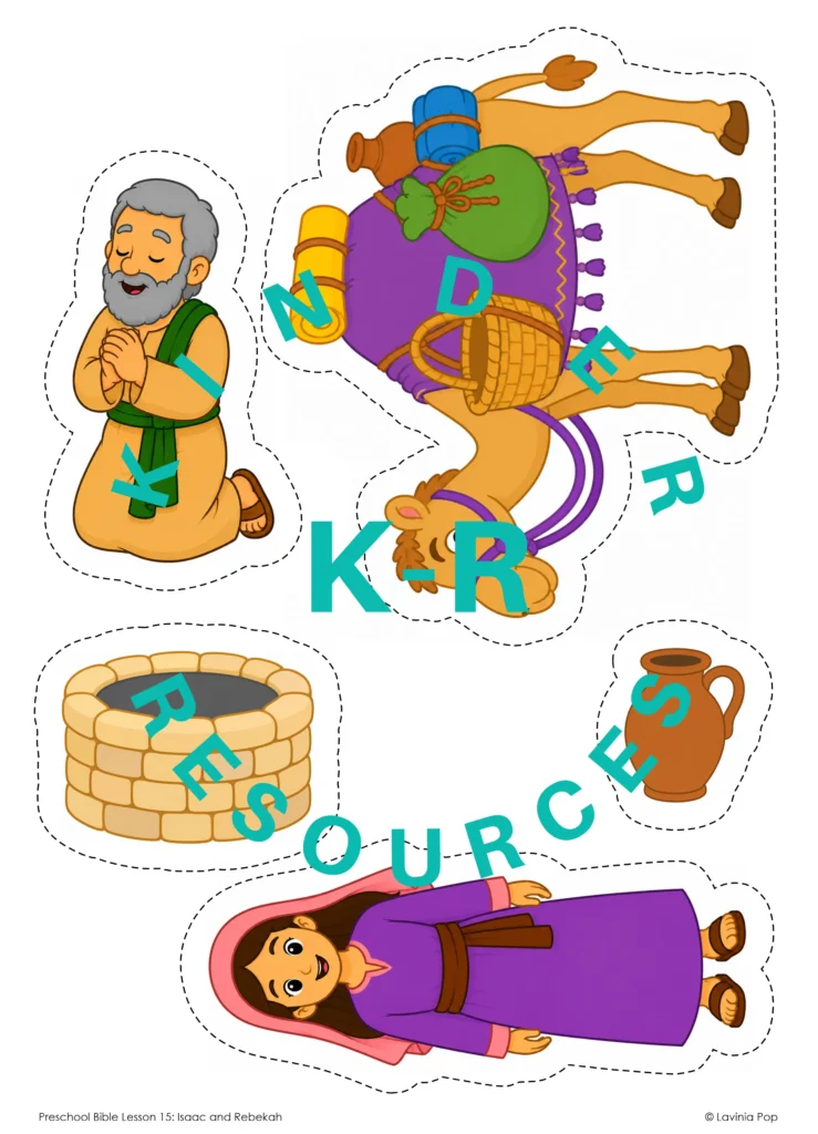 Printable Isaac and Rebekah sorting pictures featuring the praying servant, a loaded camel, stone well, clay water jar, and Rebekah.