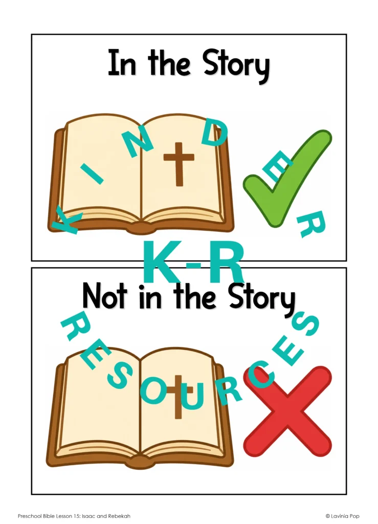 Printable sorting header cards showing an open Bible with a green check for In the Story and a red cross for Not in the Story.