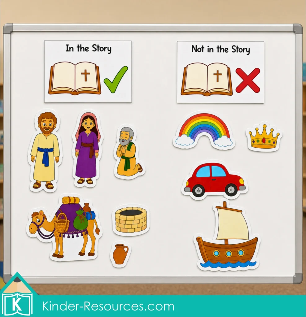 Preschool Bible sorting activity with Isaac, Rebekah, the servant, camel, well, and jar under In the Story and distractor pictures under Not in the Story.