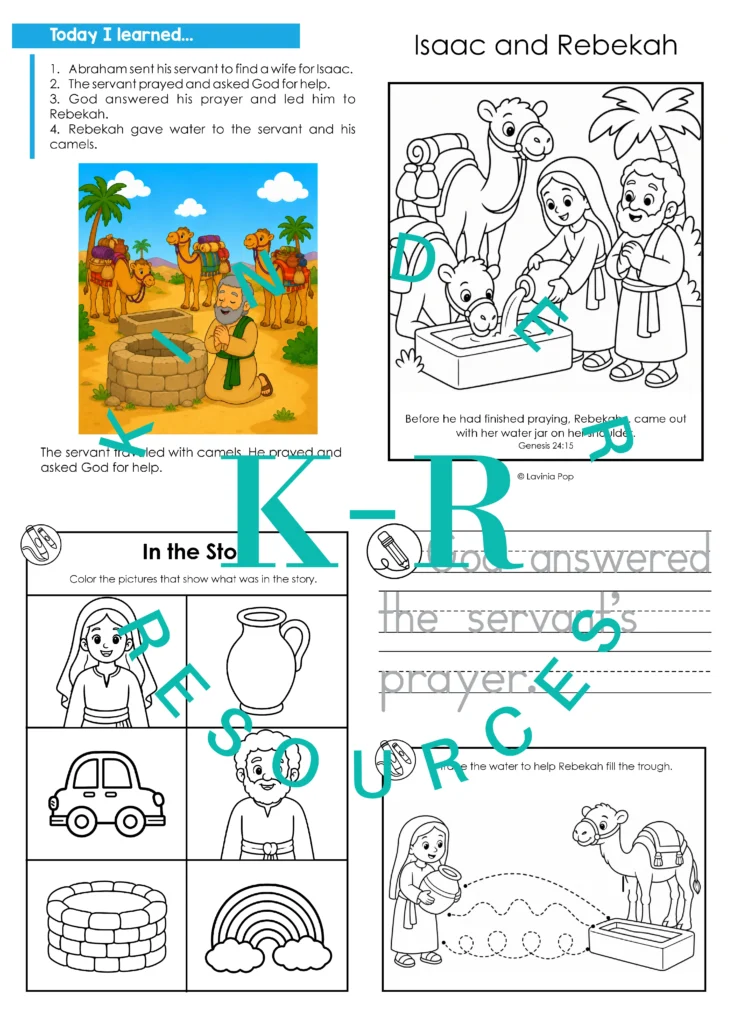 Isaac and Rebekah take-home booklet pages with story review, a colouring cover, lesson-truth tracing, water-path tracing, and an In the Story activity.