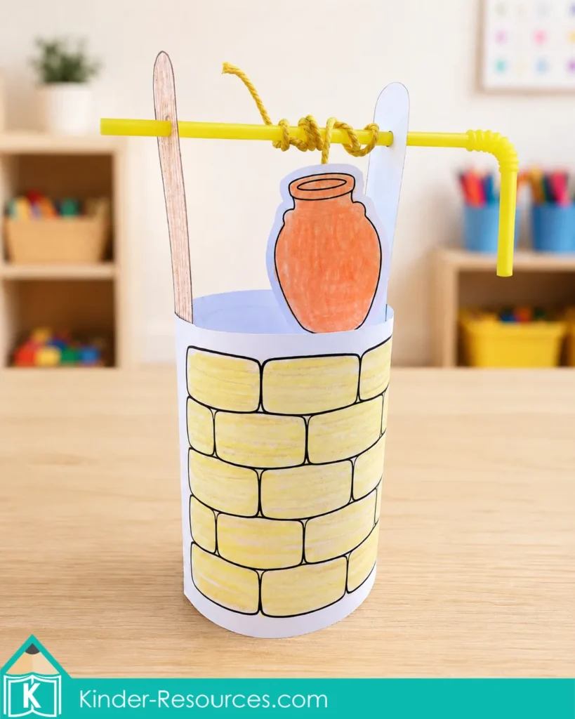 Completed preschool Bible well craft made with a paper stone wrapper, wooden supports, bendy straw, string, and a movable clay water jar.