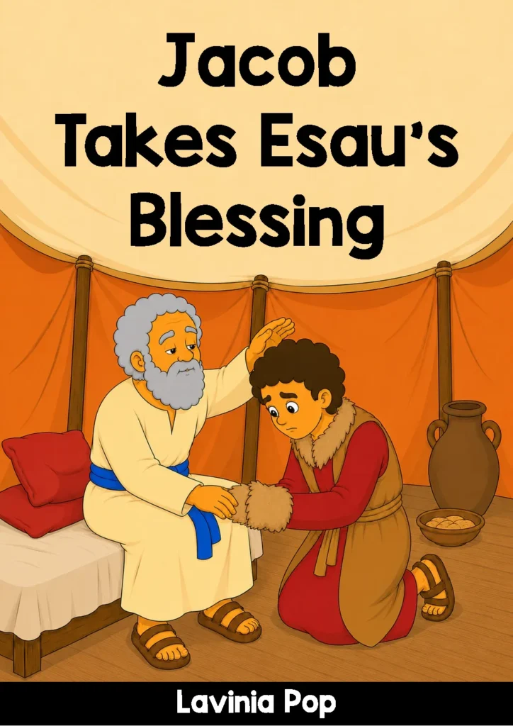 ible storybook cover showing Isaac seated inside his tent while blessing Jacob, who is disguised as Esau with goatskins on his hands.