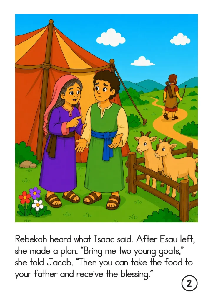 Rebekah speaks to Jacob beside the family tent while Esau leaves to hunt and two young goats stand nearby.