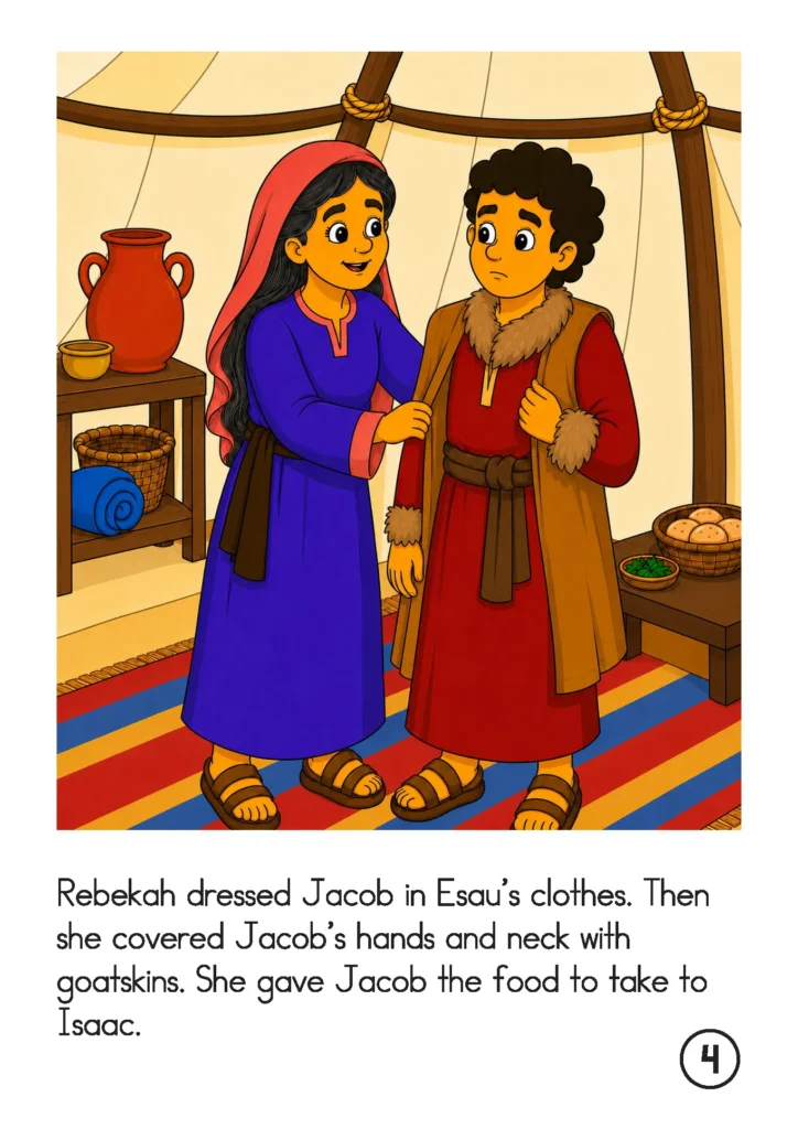 Rebekah dresses Jacob in Esau’s red clothes and places goatskins around his neck and on his hands.