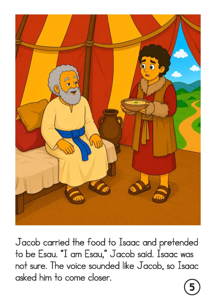 Jacob stands beside Isaac holding the special food while wearing Esau’s clothes and goatskins as a disguise.