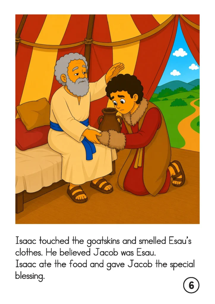 Isaac touches the goatskins on Jacob’s hands and gives him the special blessing inside the family tent.