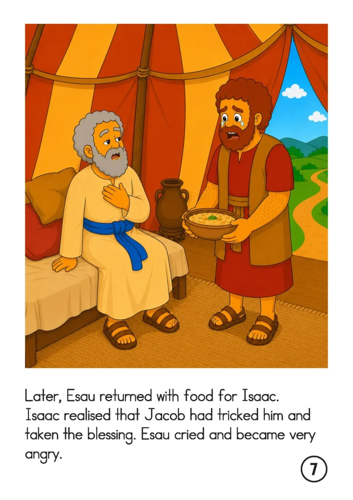 Esau returns with food and cries after Isaac explains that Jacob has already received the special blessing.