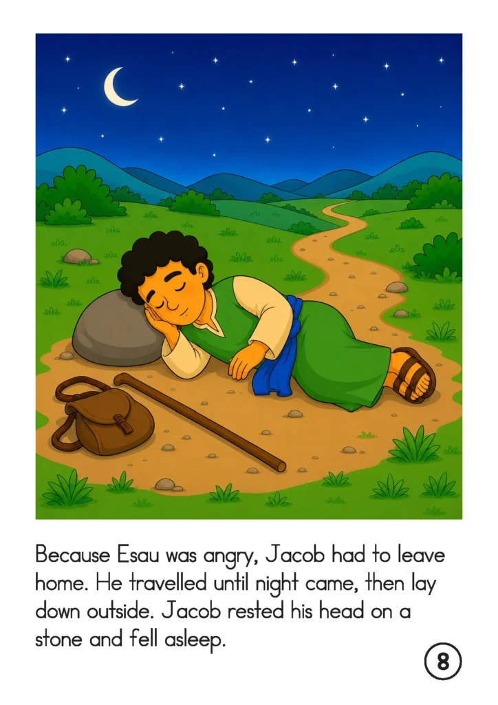 Jacob sleeps outside with his head resting on a stone after leaving home because Esau was angry.