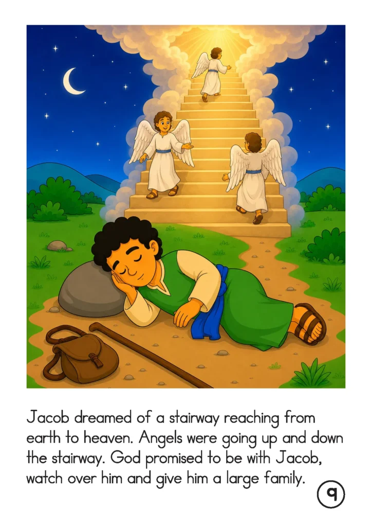 Jacob sleeps beside a stone while angels travel along a glowing stairway to heaven and God promises to be with him.