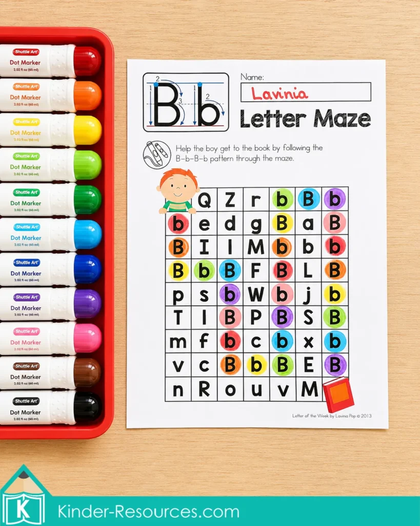 Letter B letter maze dot marker worksheet for kindergarten phonics, uppercase and lowercase letter recognition, alphabet identification, and fine motor practice.