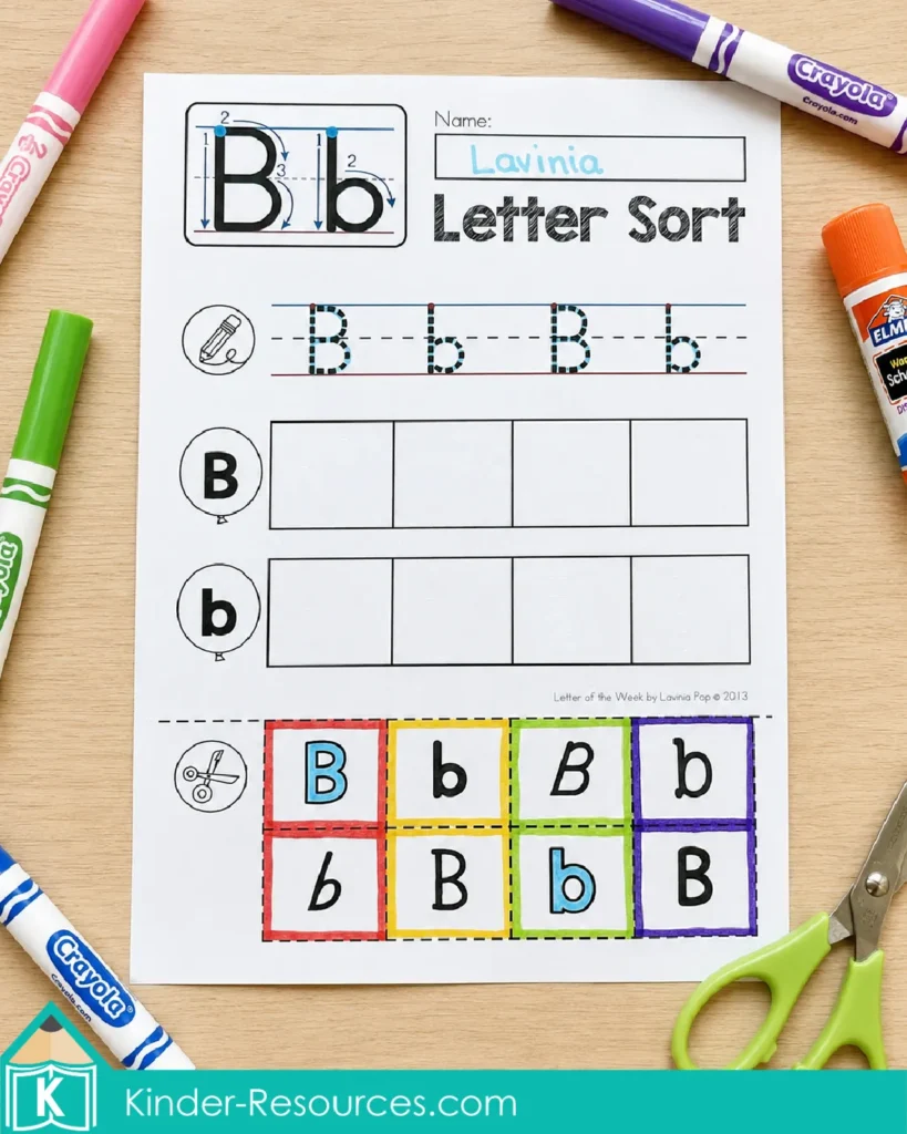 Letter B sort worksheet for preschool and kindergarten phonics practice with uppercase and lowercase letter identification, tracing, and alphabet sorting activity