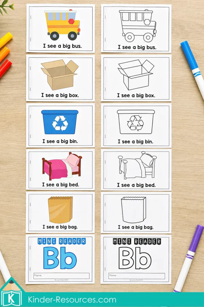 Letter B mini reader for kindergarten phonics with predictable sentences, beginning sound vocabulary, sight word practice, and early reading fluency.