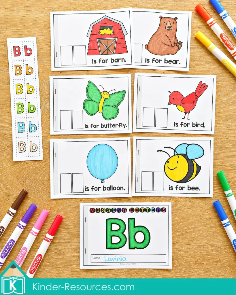 Letter B missing letter cut and paste reader for kindergarten phonics, uppercase and lowercase letter recognition, beginning sounds, and early reading practice.