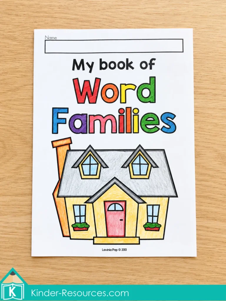 Word families printable booklet for kindergarten phonics and homeschool reading practice, with a child colored cover for learning CVC word families.
