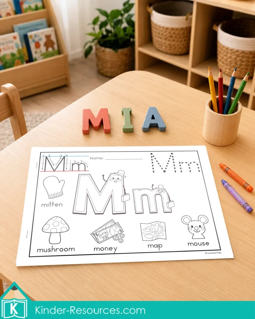 Letter M alphabet coloring page displayed with wooden letters spelling Mia, colored pencils and crayons on a preschool classroom table.