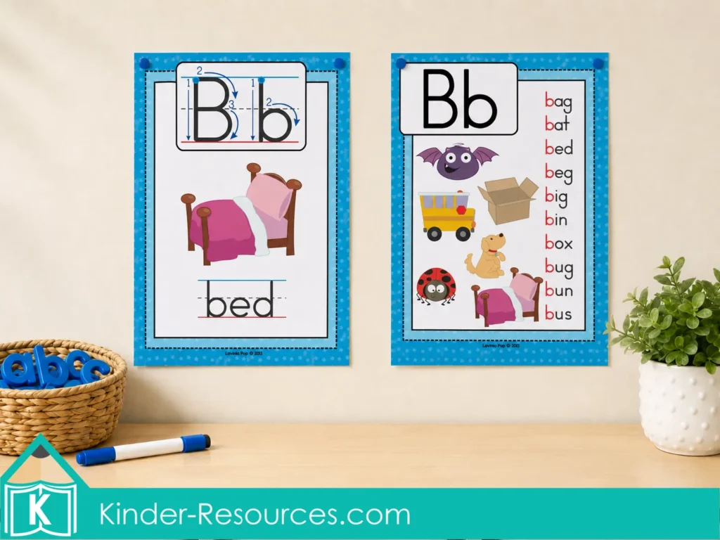 Two Letter B phonics posters displayed on a classroom wall, showing uppercase and lowercase Bb formation, a bed picture, and beginning B words including bag, bat, bed, big, bin, box, bug, bun and bus.