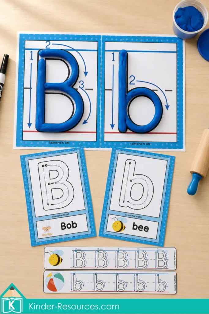Letter B formation activity featuring blue play dough on uppercase B and lowercase b mats, Bob and bee formation cards, and write and wipe strips.