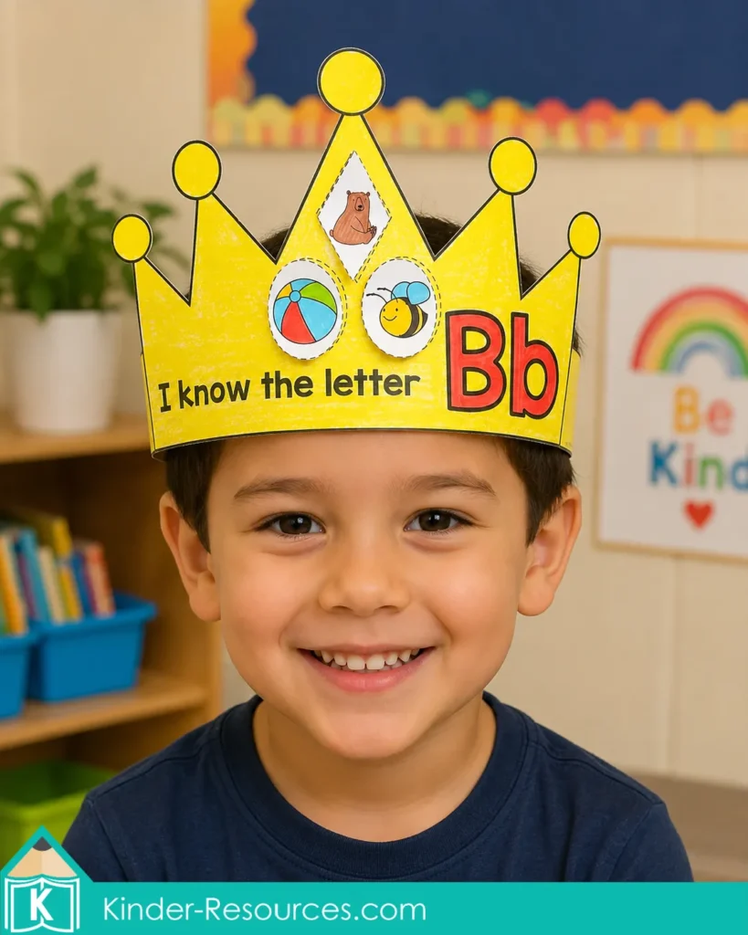 Kindergarten child wearing a yellow Letter B alphabet crown after completing Free Letter B Phonics Activities.