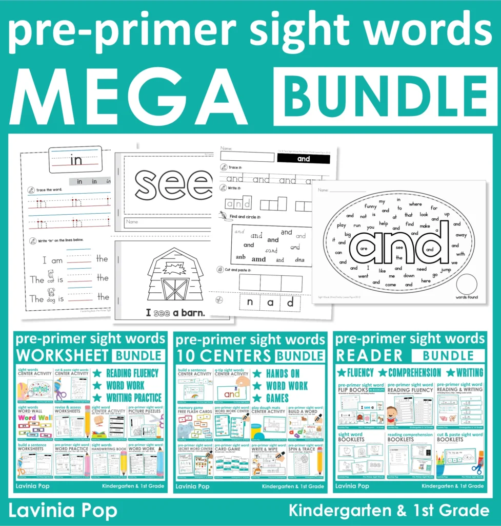Pre Primer sight words mega bundle for kindergarten and first grade with printable worksheets, literacy centers, emergent readers, word work, reading fluency, and comprehension activities.