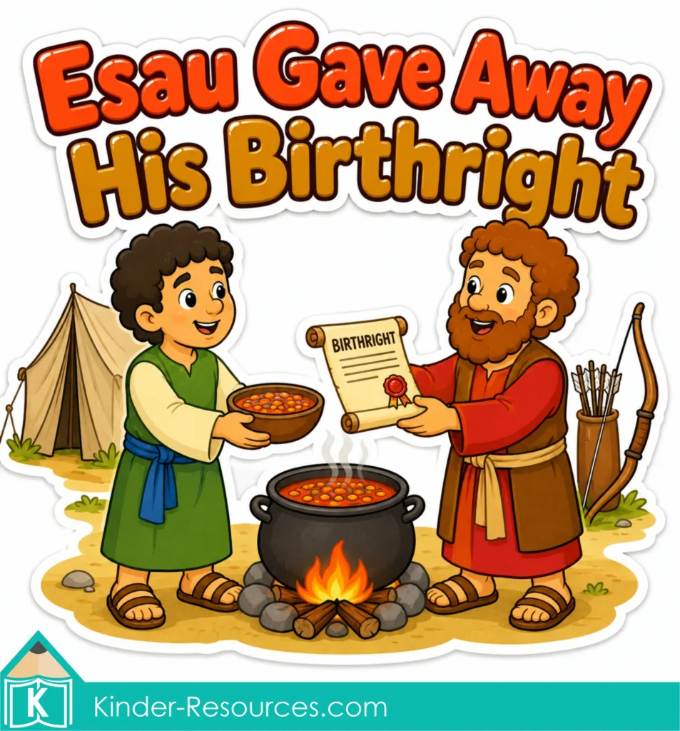 Preschool Bible lesson visual showing Jacob offering lentil stew while Esau gives him the birthright scroll.