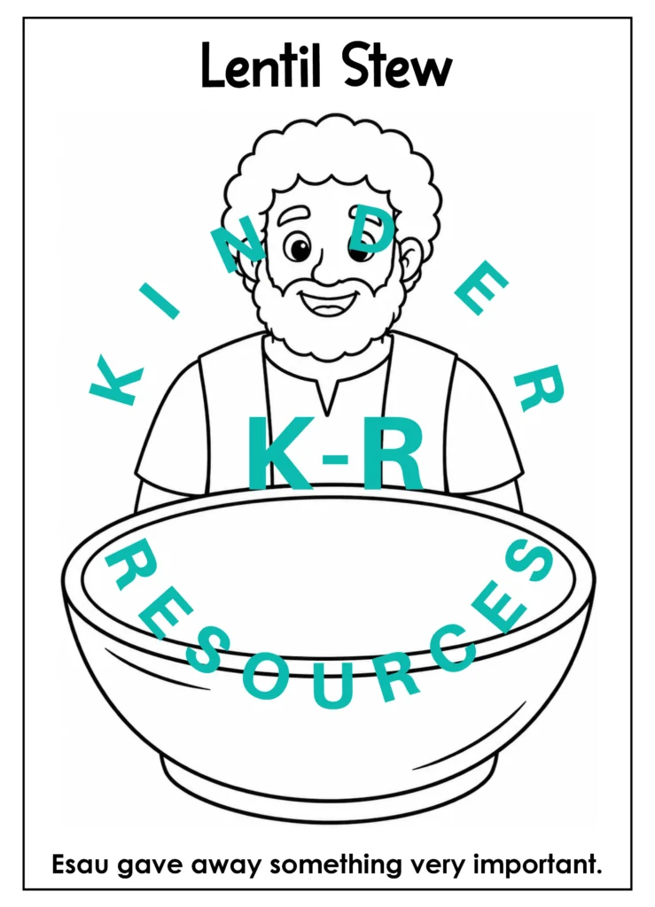 Black and white Lentil Stew craft template with Esau standing behind a large bowl for children to color and fill with real lentils.