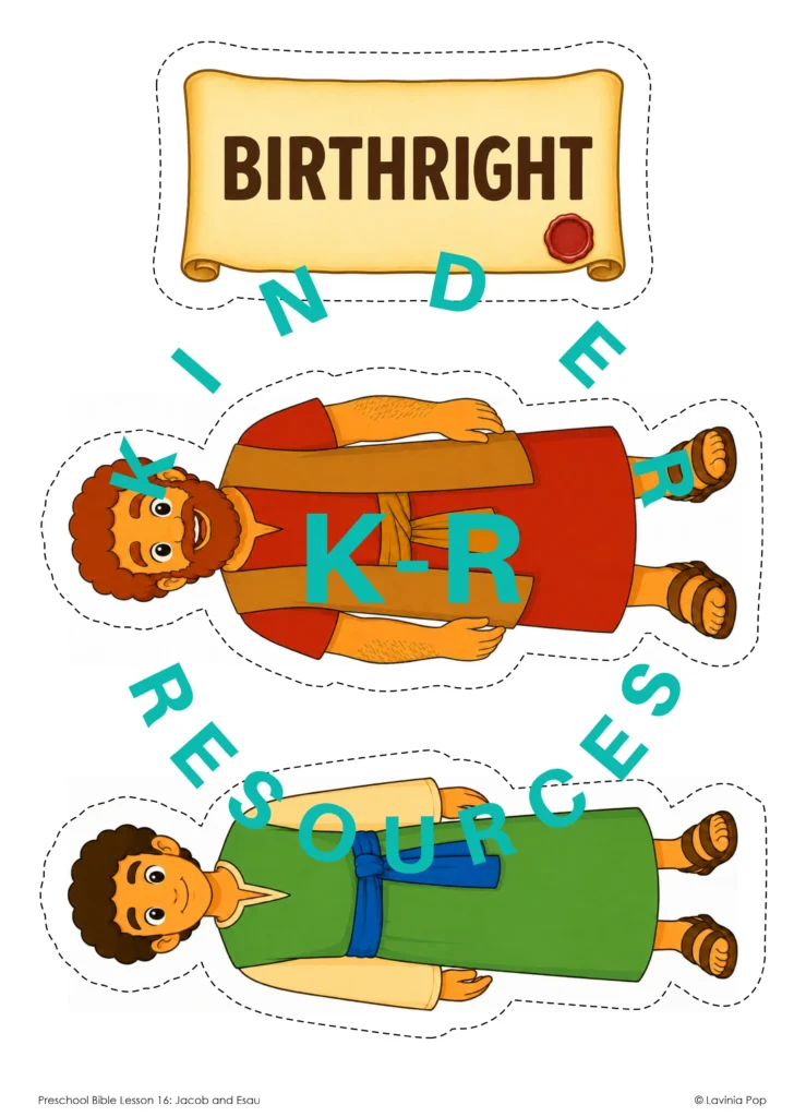 Printable Jacob, Esau, and birthright card pieces for the Jacob and Esau preschool Bible story retelling activity.
