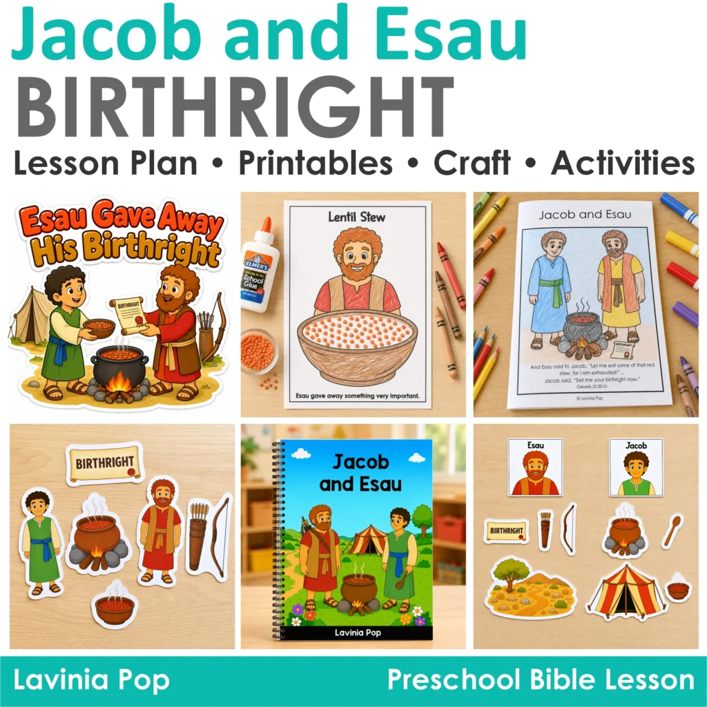 Preview collage of the Jacob and Esau preschool Bible lesson with the storybook, birthright retelling props, sorting activity, lentil craft, and lesson cover.