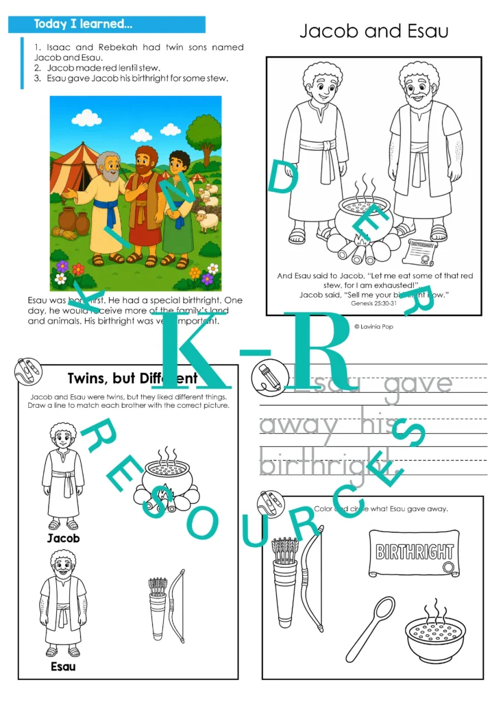 Preview of the Jacob and Esau take home booklet with three learning points, a coloring page, matching activity, handwriting practice, and picture choice activity.
