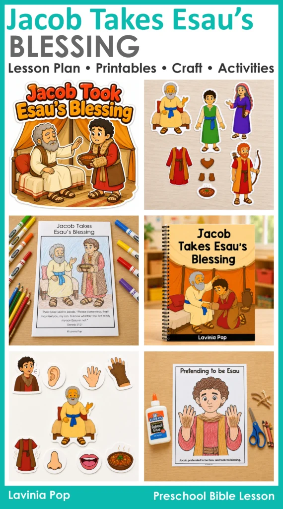 Vertical preview of the Jacob Takes Esau’s Blessing preschool Bible lesson with storybook, craft, retelling props, senses activity, and take home booklet.