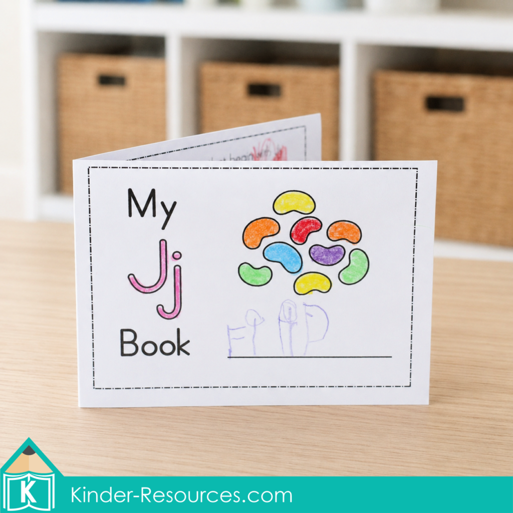 Preschool letter J mini book with uppercase and lowercase J practice, colorful jelly beans, and a child’s early handwriting.