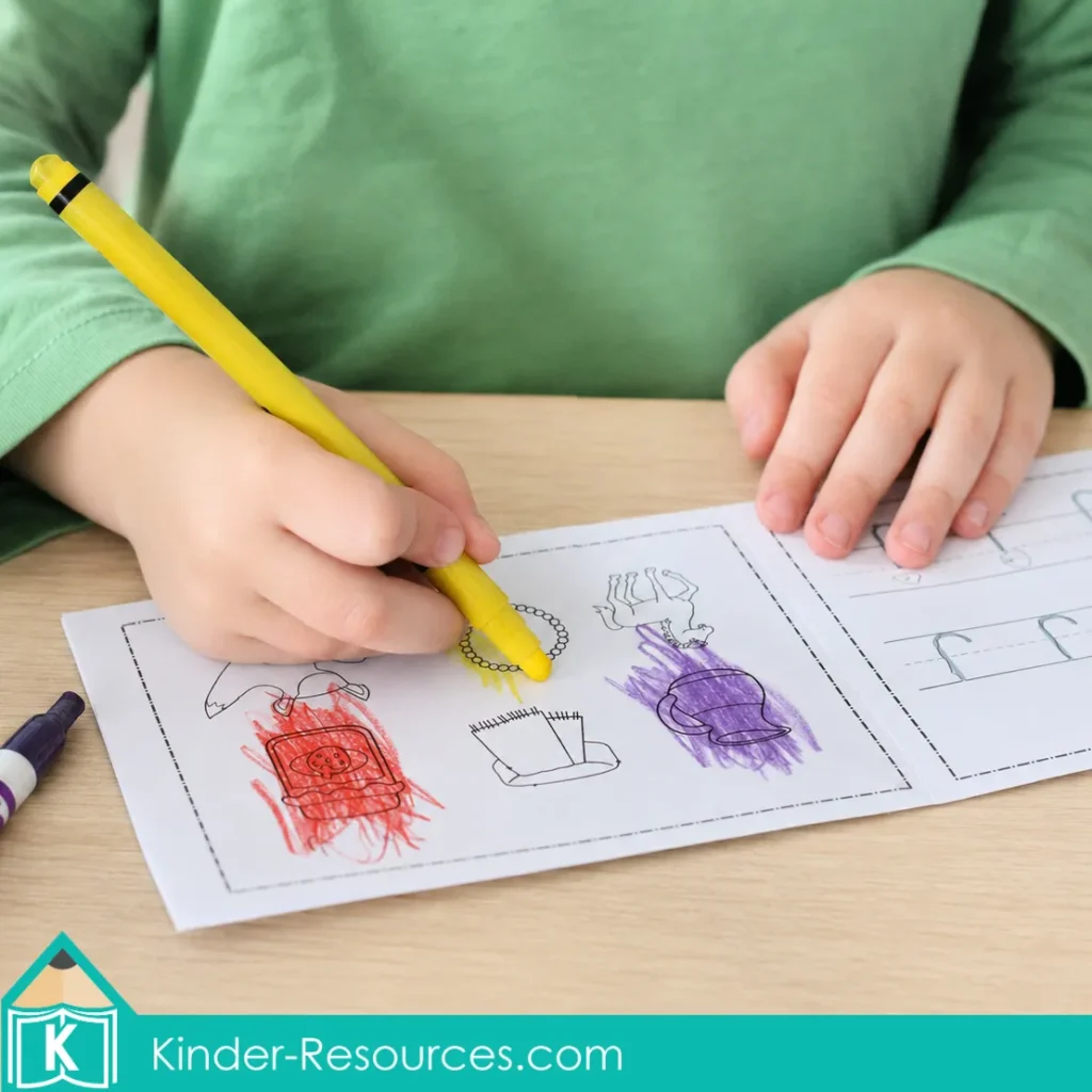 Preschool letter J beginning sounds activity with a child coloring pictures that begin with the J sound in a mini alphabet booklet.