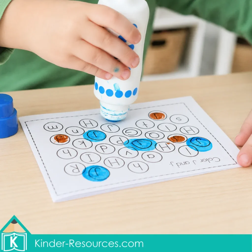Preschool letter J find and color activity with a child using a blue dot marker to identify uppercase and lowercase J.