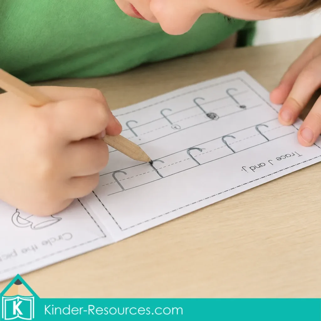 Preschool letter J handwriting practice with a child tracing lowercase j letters using a wooden pencil in an alphabet booklet.